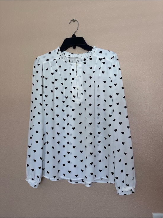 LOFT Tops - LOFT White Blouse with Black Heart Print Long Sleeves